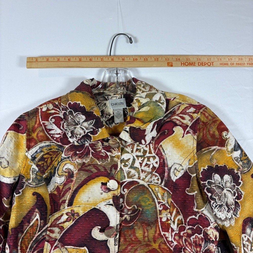 Chicos Womens Size 1 Cotton Silk Blend Floral Paisley Tapestry Jacket Burgundy